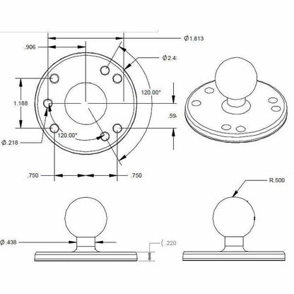 RAM-B-202U round plate dimensions and hole patterns 