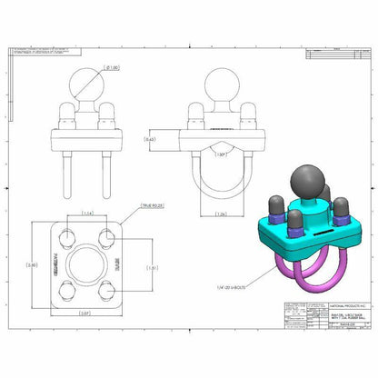 RAM U-Bolt Rail Handlebar Base (Double) 25-32mm bars - B Series 1" Ball