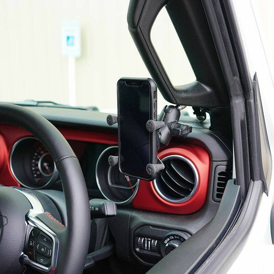 RAM-B-367B-UN10U RAM® X-Grip® Large Phone Mount with Vehicle Grab Handle Base with phone installed in car 