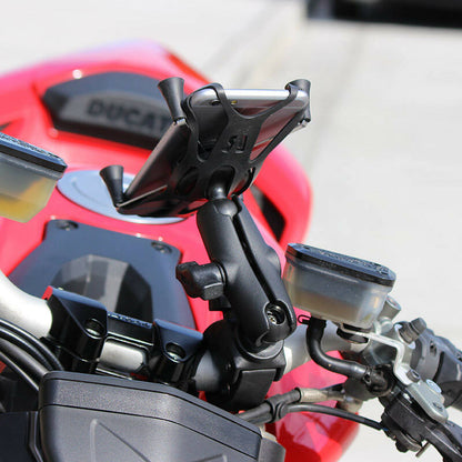 RAM-B-400-UN10U Small Tough-Claw™ Mount and Universal RAM® X-Grip® Phablet Cradle - Medium Arm - on motorbike 
 