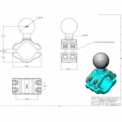 RAM-D-271U-2 RAM® Rail Clamp Ball Base for 2 - 2.5" Rails drawing file 