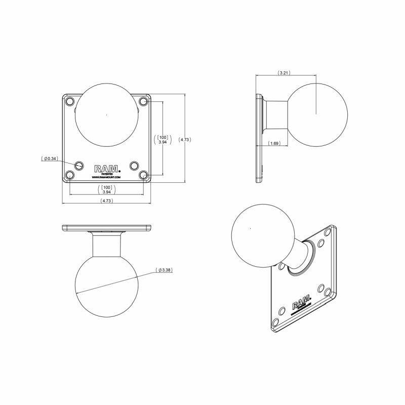 RAM Square 100mm VESA Base Plate - E Size with Arm and Round Base