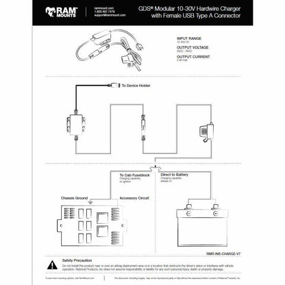 RAM-GDS-CHARGE-M55-V7B1U GDS® Modular 10-30V Hardwire Charger with 90-Degree DC Cable - wiring directions 