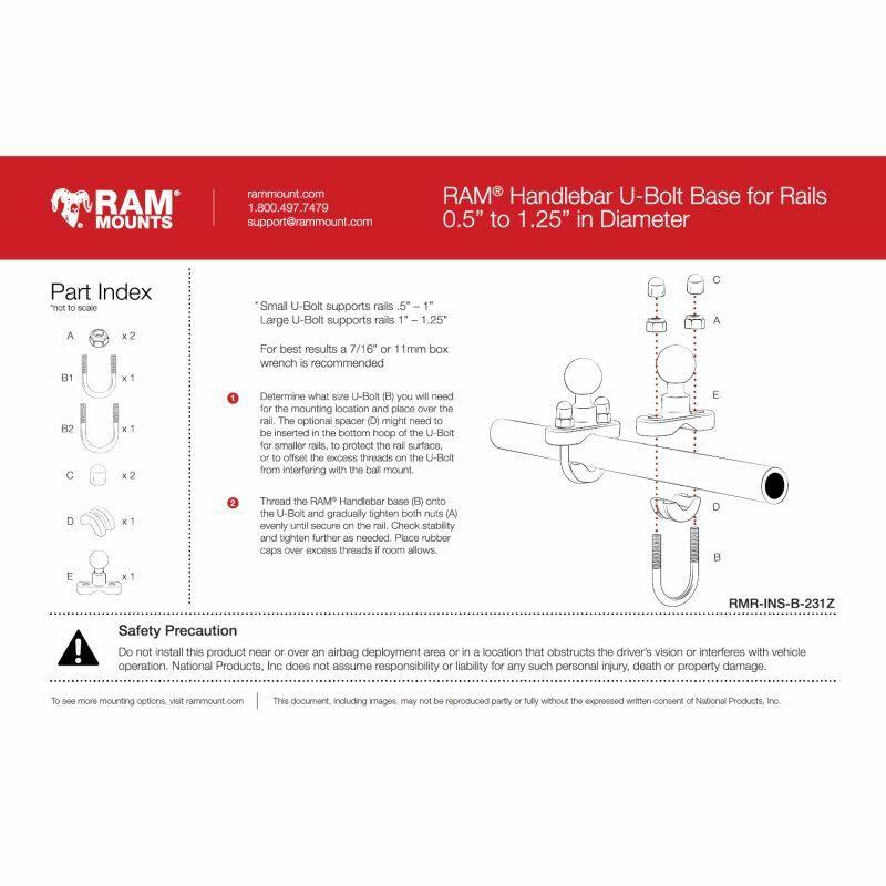 RAM U-Bolt Rail Handlebar Base and 9mm Hole Base - Short Arm