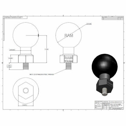 RAM Tough Ball - C Series 1.5" - with M8-1.25 x 10mm Threaded Stud