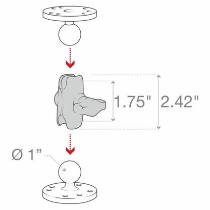 RAM Double Socket Arm - B Series (1" ball) - Short length 60mm  - Composite